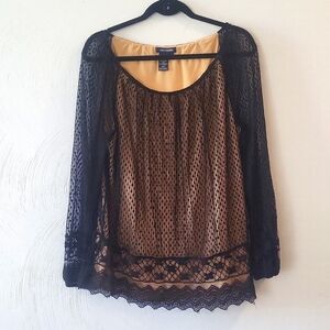 MAX EDITION Black Nude Sheer Stretch Lace Long Shirt Blouse Tunic Top‎ size XL